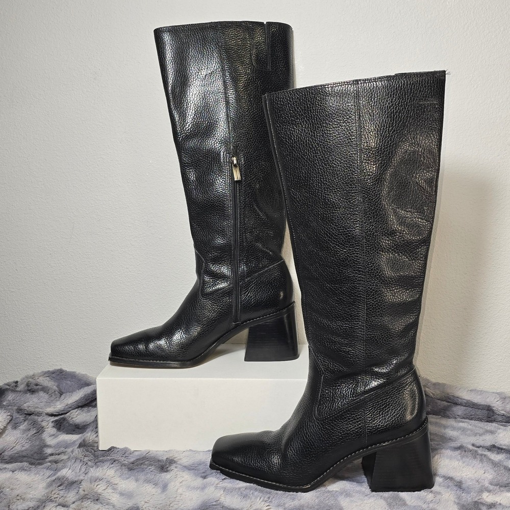 Vince Camuto Sangeti Boots Black Pebbled Leather Square Toe Women Size 9M/40